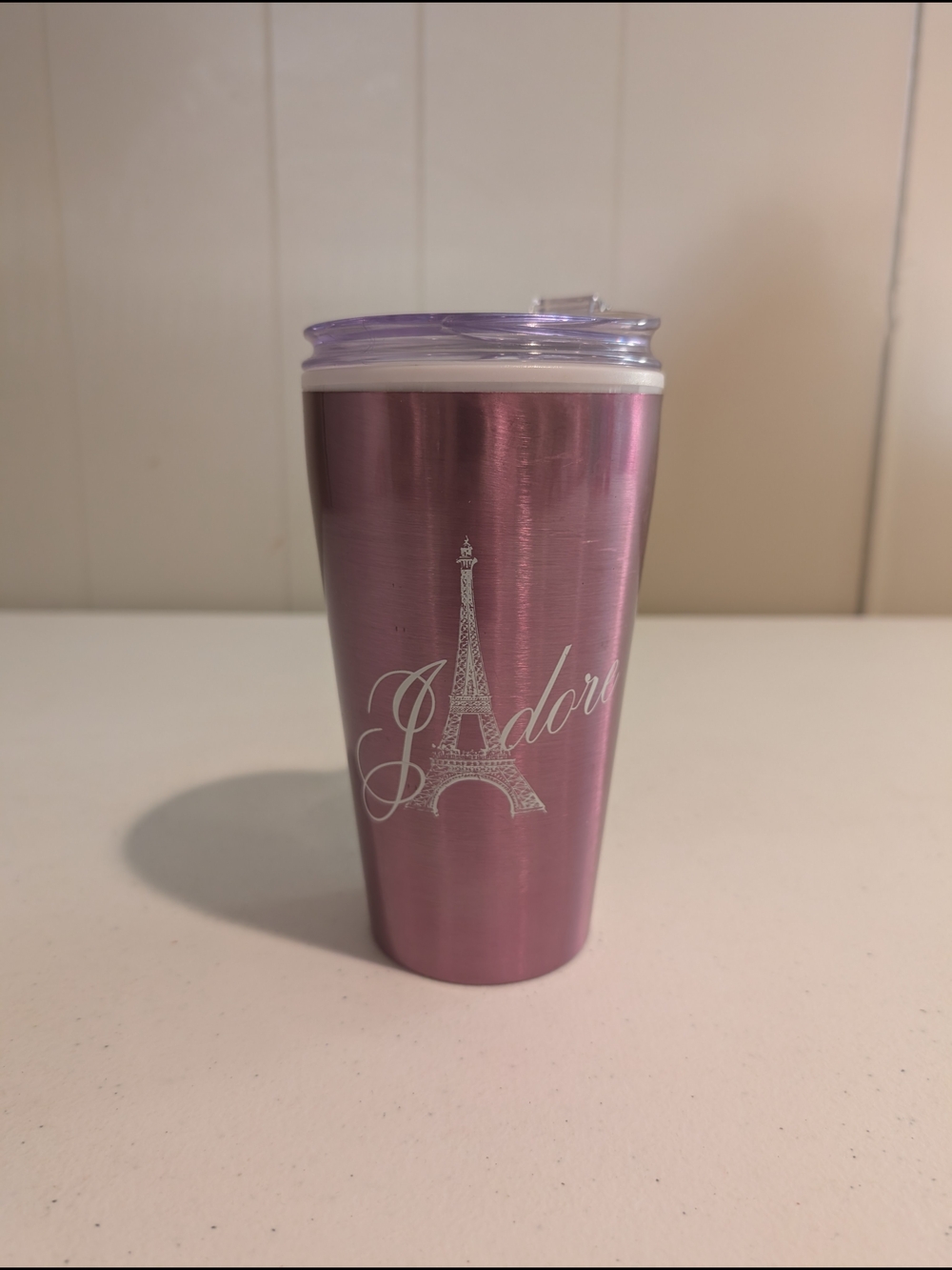 Insulated Pink Travel Tumbler with Eiffel Tower Design